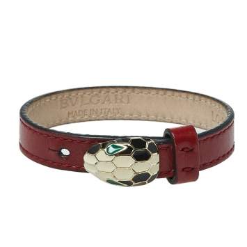Pre Owned Bvlgari Serpenti Forever Red Leather Enamel Gold Plated Bracelet