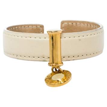 Pre Owned Bvlgari Cream Leather Logo Charm Open Cuff Bracelet