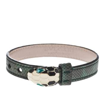 Pre Owned Bvlgari Serpenti Forever Malachite Karung Leather Enamel Gold Plated Bracelet