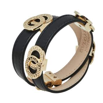 Pre Owned Bvlgari Black Leather Gold Tone Double Coiled Wrap Bracelet