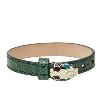 Pre Owned Bvlgari Serpenti Forever Malachite Karung Leather Enamel Gold Plated Bracelet