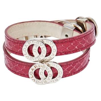 مملوكة مسبقًا Bvlgari Bvlgari Burgundy Leather Silver Tone Double Coil Wrap Bracelet
