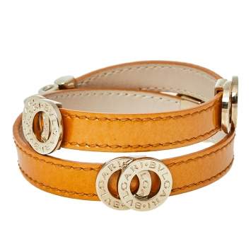 Pre Owned Bvlgari Tan Brown Leather Double Coiled Gold Plated Bracelet 