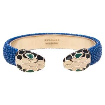 Pre Owned Bvlgari Serpenti Forever Blue Galuchat Leather Open Cuff Bracelet