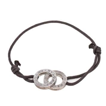 Pre Owned Bvlgari Fortuna Interlocking Circles Silver Brown Cord Bracelet