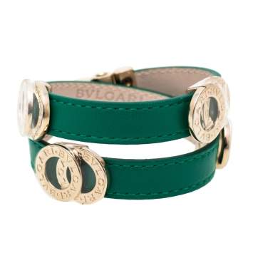 Pre Owned Bvlgari Bvlgari Green Leather Gold Plated Double Coiled Bracelet