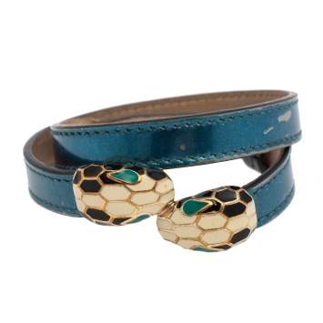 Pre Owned Bvlgari Serpenti Forever Blue Metallic Leather Double Wrap Bracelet