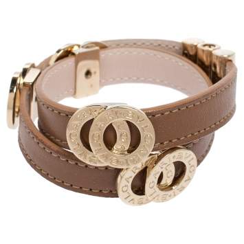 Pre Owned Bvlgari Bvlgari Brown Leather Gold Plated Metal Double Coiled Bracelet