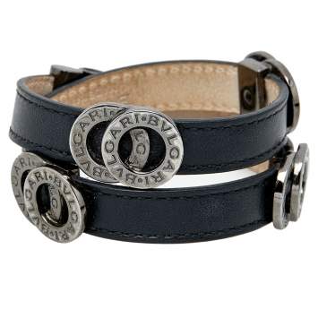 Pre Owned Bvlgari Black Leather Gun Metal Tone Double Wrap Bracelet