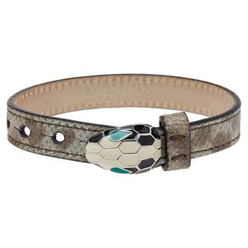 Pre Owned Bvlgari Serpenti Forever Beige Lizard Leather Enamel Palladium Plated Bracelet