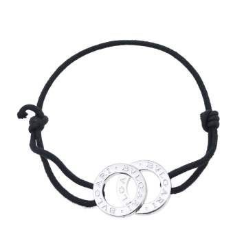 Pre Owned Bvlgari Interlocking Circles Sterling Silver Black Cord Bracelet