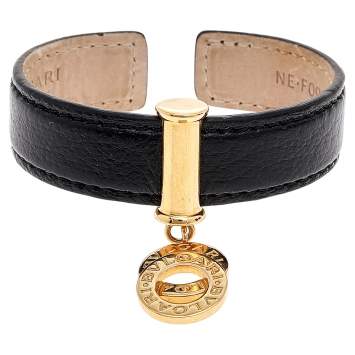 Pre Owned Bvlgari Black Leather Interlocking Circles Charm Open Cuff Bracelet