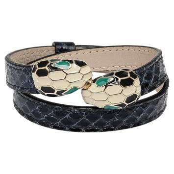 Pre Owned Bvlgari Serpenti Forever Navy Blue Python Leather Double Coiled Bracelet