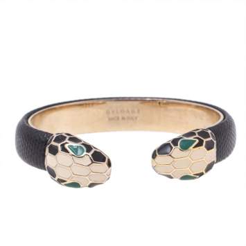 Pre Owned Bvlgari Serpenti Forever Black Leather Cuff Bracelet 