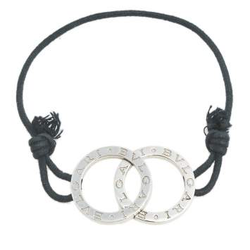Pre Owned Bvlgari Fortuna Interlocking Circles Silver Black Cord Bracelet
