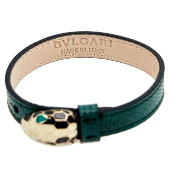 Pre Owned Bvlgari Serpenti Forever Malachite Karung Leather Enamel Gold Plated Bracelet