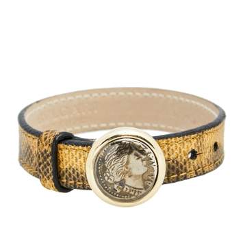 Pre Owned Bvlgari Coin Monete Leather Gold Tone Metal Wrap Bracelet