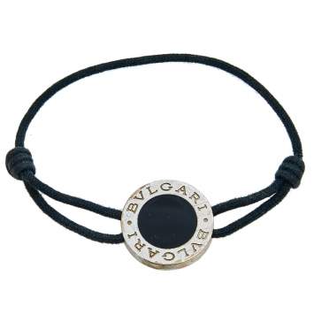 Pre Owned Bvlgari Sterling Silver Black Signature Disc Adjustable Cord Bracelet