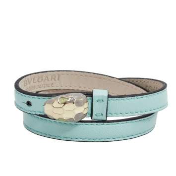 Pre Owned Bvlgari Serpenti Forever Aqua Blue Leather Gold Plated Double Coiled Bracelet