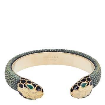 Pre Owned Bvlgari Blue Galuchat Leather Serpenti Forever Open Cuff Bracelet