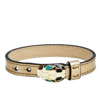 Pre Owned Bvlgari Serpenti Forever Brown Leather Gold Tone Enamel Wrap Bracelet