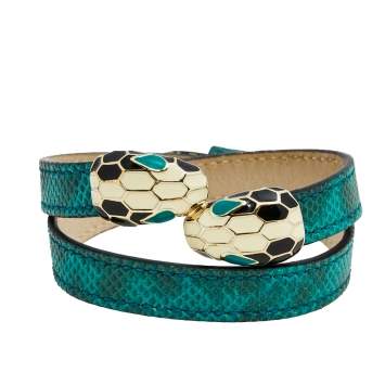 Pre Owned Bvlgari Serpenti Forever Green Snakeskin Double Wrap Bracelet