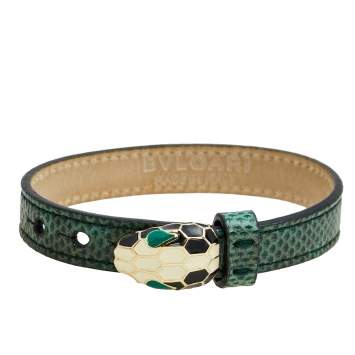 Pre Owned Bvlgari Serpenti Forever Malachite Green Karung Leather Enamel Gold Plated Bracelet