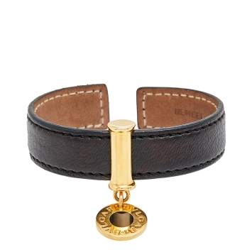 Pre Owned Bvlgari Bvlgari Gold Plated Tag Leather Cuff Bracelet