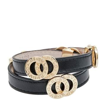 Pre Owned Bvlgari Black Leather Gold Tone Double Wrap Bracelet