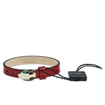 Pre Owned Bvlgari Serpenti Red Leather Enamel Gold Tone Metal Bracelet
