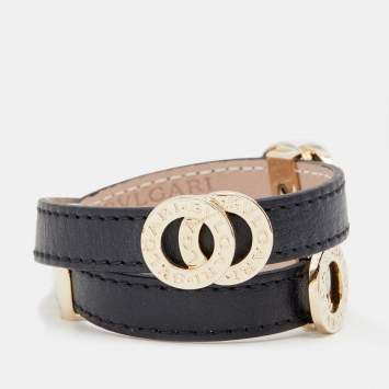 Pre Owned Bvlgari Black Leather Interlocking Rings Double Coiled Bracelet