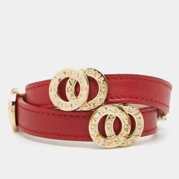 Pre Owned Bvlgari Red Leather Gold Tone Double Coiled Wrap Bracelet
