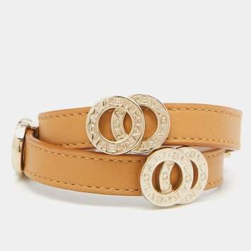 Pre Owned Bvlgari Tan Leather Gold Tone Double Coiled Wrap Bracelet