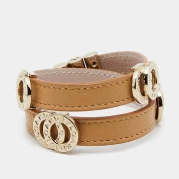 Pre Owned Bvlgari Brown Leather Interlocking Rings Double Coiled Bracelet