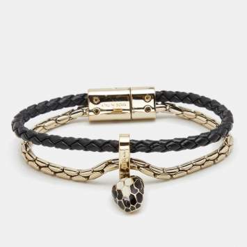 Pre Owned Bvlgari Serpenti Forever Leather Enamel Gold Tone Metal Bracelet