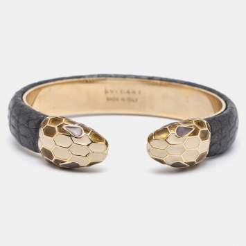 Pre Owned Bvlgari Serpenti Forever Black Snakeskin Leather Gold Tone Open Cuff Bracelet