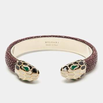 Pre Owned Bvlgari Serpenti Forever Galuchat Leather Gold Plated Open Cuff Bracelet