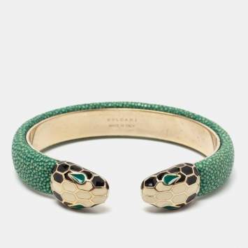 Pre Owned Bvlgari Serpenti Forever Leather Enamel Gold Plated Open Cuff Bracelet