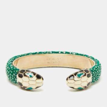 Pre Owned  Bvlgari Serpenti Forever Green Galuchat Leather Gold Tone Open Cuff Bracelet