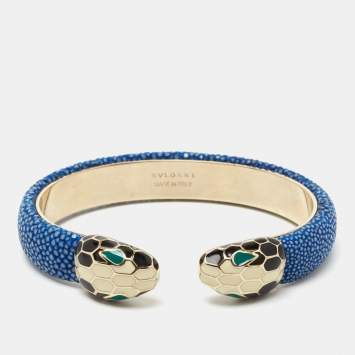 Pre Owned Bvlgari Serpenti Forever Blue Galuchat Leather Open Cuff Bracelet