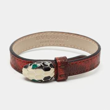 Pre Owned Bvlgari Serpenti Forever Snakeskin Leather Enamel Silver Tone Bracelet