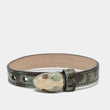 Pre Owned Bvlgari Serpenti Forever Snakeskin Leather Enamel Gold Tone Wrap Bracelet 