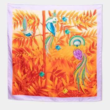 Pre Owned Bvlgari Orange Bejeweled Bird Print Silk Scarf
