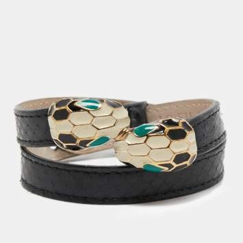 Bvlgari Serpenti Forever Enamel Snakeskin Leather Gold Tone Wrap Bracelet
