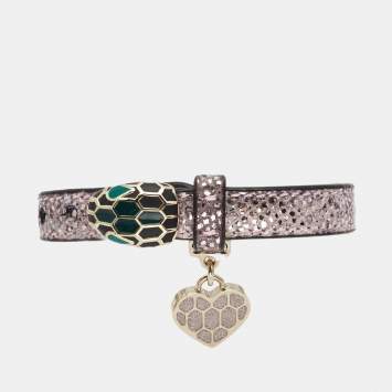 Pre Owned Bvlgari Serpenti Forever Metallic Pink Karung Leather Heart Charm Bracelet
