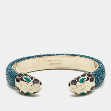 Pre Owned Bvlgari Serpenti Forever Blue Leather Open Cuff Bracelet