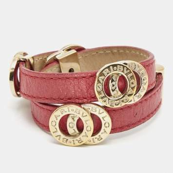 Pre Owned Bvlgari Red Leather Double-Coiled Gold Tone Wrap Bracelet