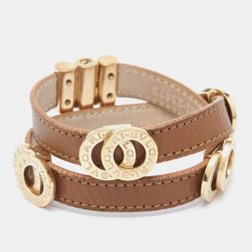 Bvlgari Brown Leather Gold Tone Double Wrap Bracelet