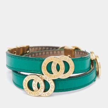 Pre Owned Bvlgari Green Leather Gold Tone Double Wrap Bracelet