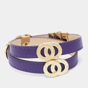 Pre Owned Bvlgari Purple Leather Gold Tone Double Wrap Bracelet